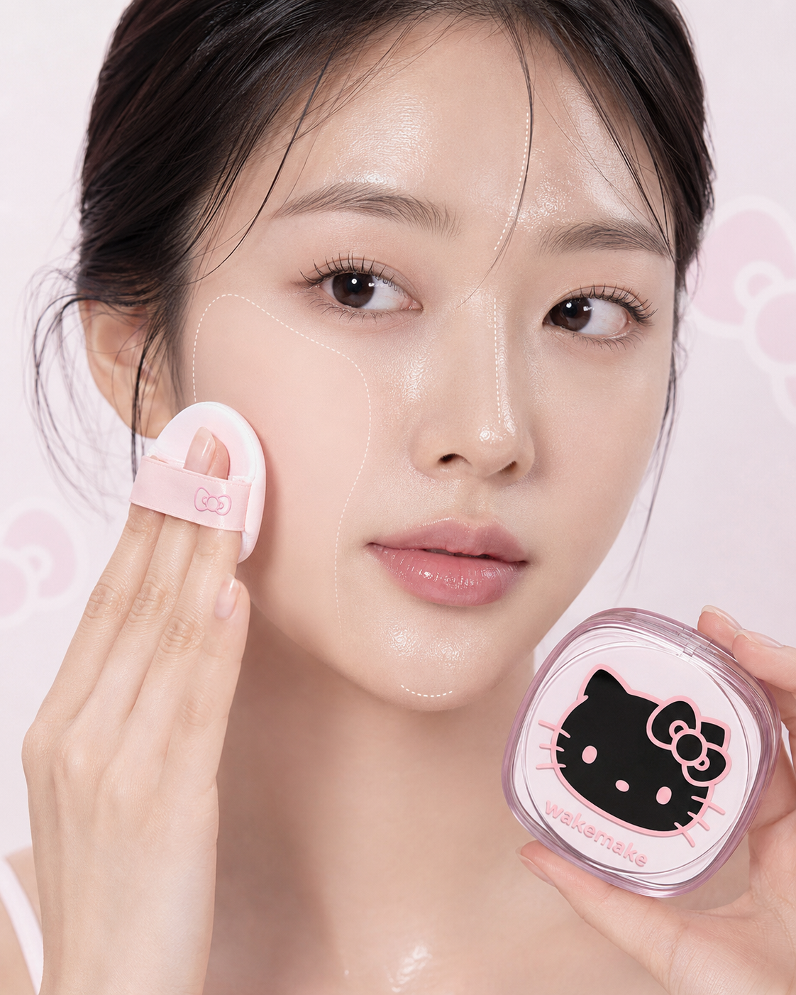 Woman applying WAKEMAKE Hello Kitty powder with a puff