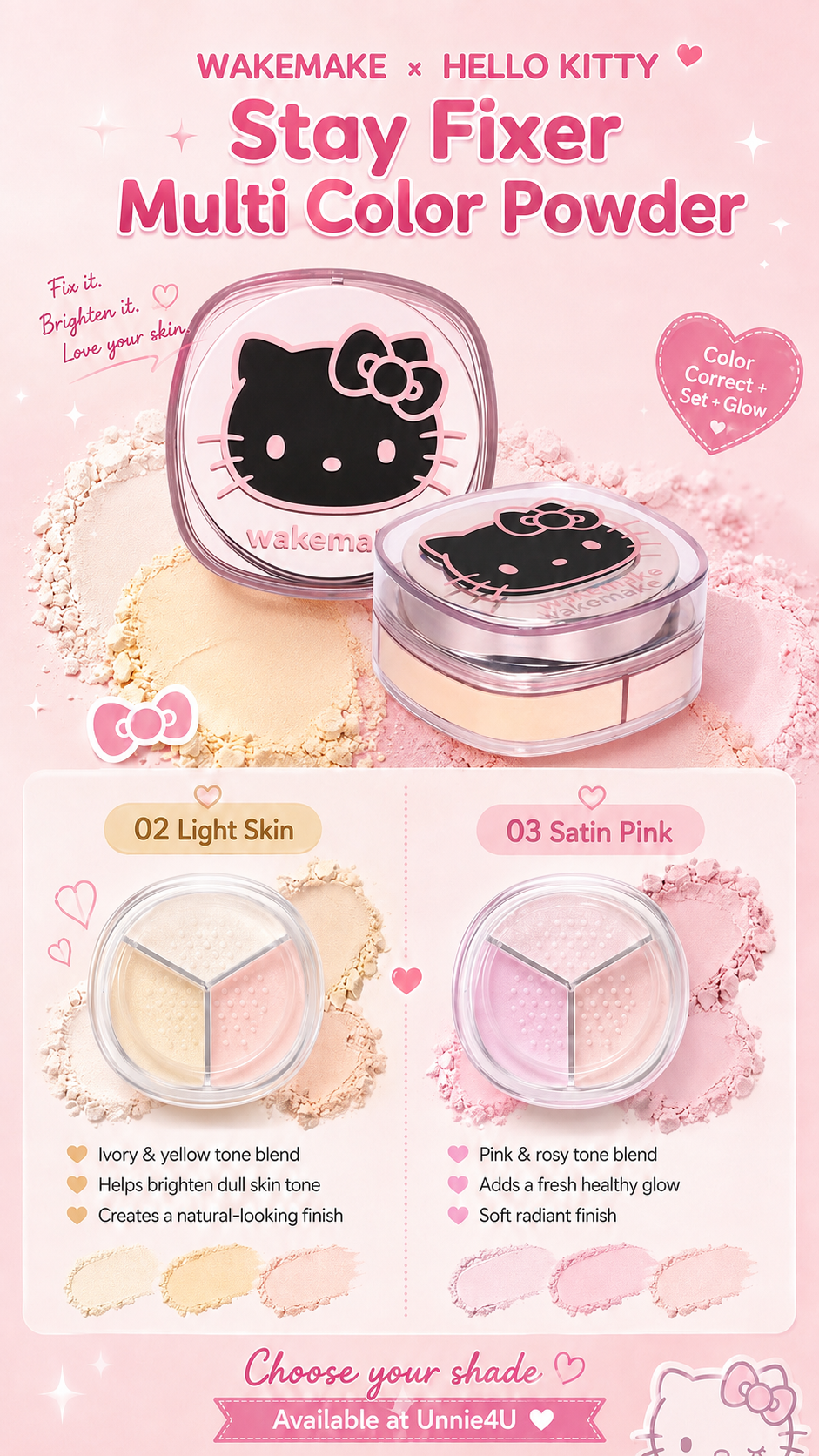 WAKEMAKE multi colour finishing powder in pink rosy and peach tones