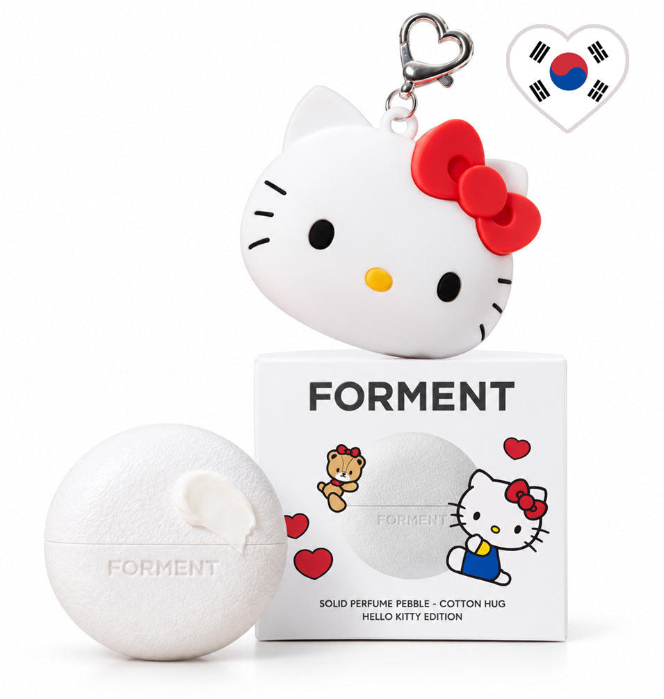 FORMENT Hello Kitty Cotton Hug solid perfume 30ml with white pebble container and red bow keyring case