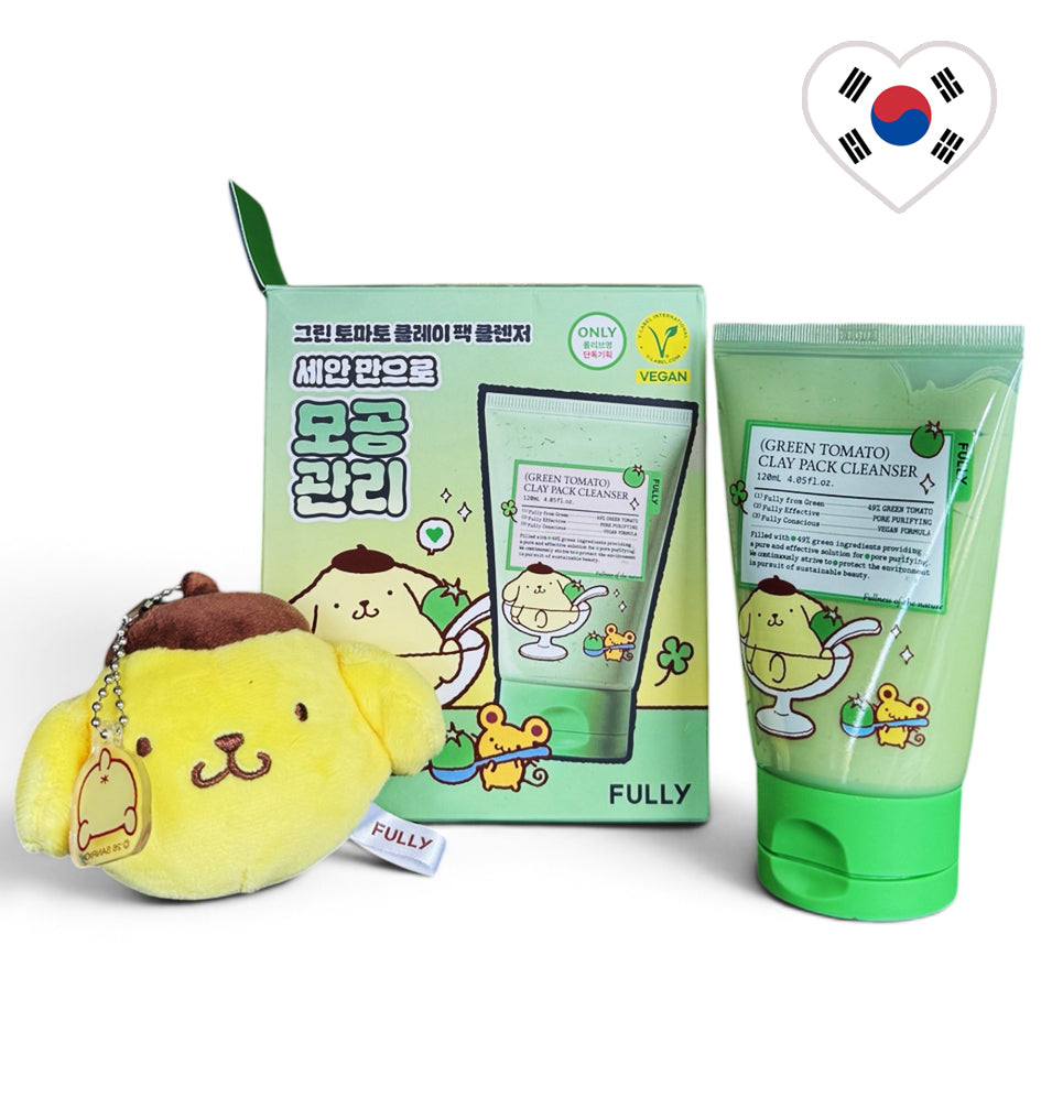 FULLY Green Tomato Clay Pack Cleanser 120ml with Pompompurin packaging and plush keyring